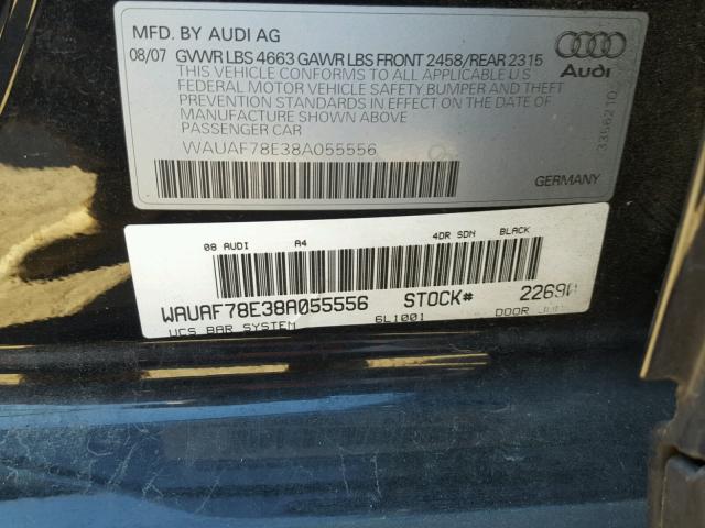 WAUAF78E38A055556 - 2008 AUDI A4 2.0T BLACK photo 10