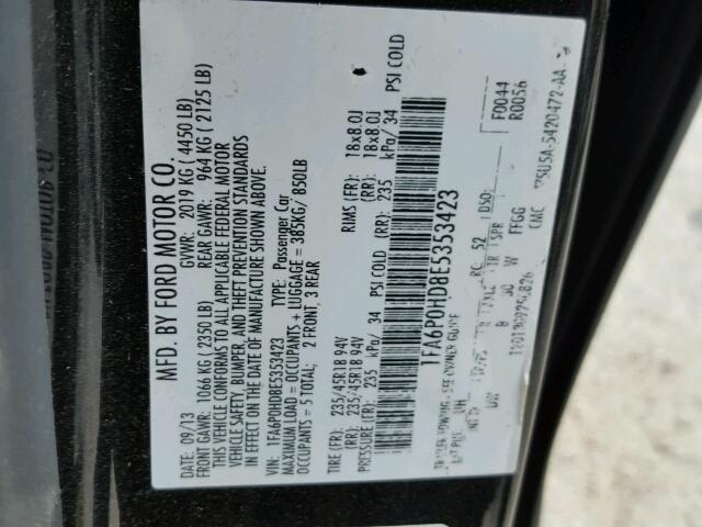 1FA6P0HD8E5353423 - 2014 FORD FUSION SE BLACK photo 10