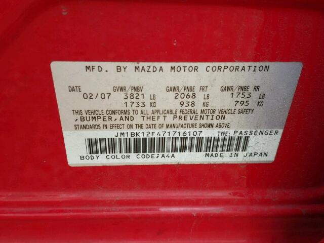 JM1BK12F471716107 - 2007 MAZDA 3 I RED photo 10