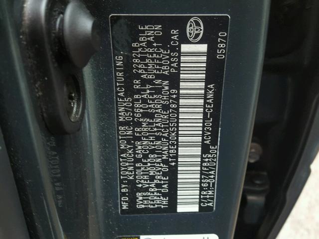 4T1BE30K55U078749 - 2005 TOYOTA CAMRY LE Сұр фото 10