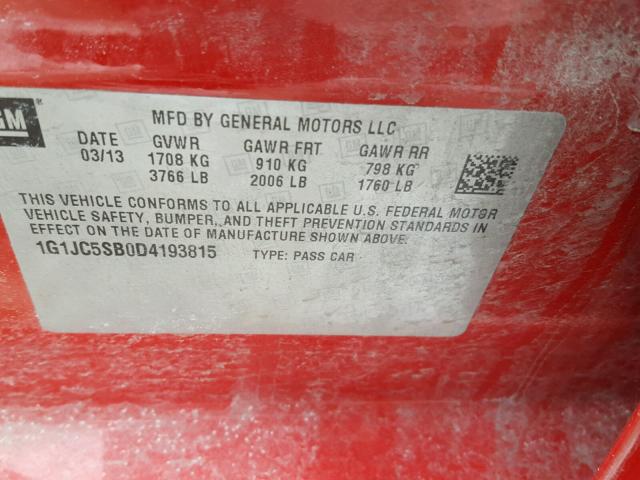 1G1JC5SB0D4193815 - 2013 CHEVROLET SONIC LT RED photo 10