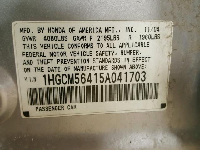 1HGCM56415A041703 - 2005 HONDA ACCORD LX SILVER photo 10