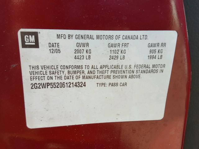 2G2WP552061214324 - 2006 PONTIAC GRAND PRIX MAROON photo 10