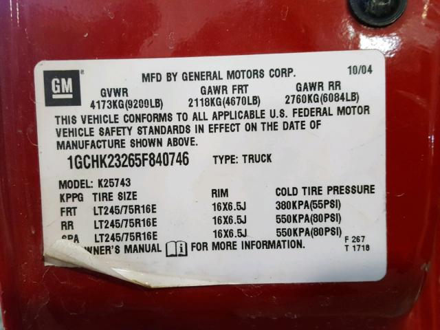 1GCHK23265F840746 - 2005 CHEVROLET SILVERADO RED photo 10