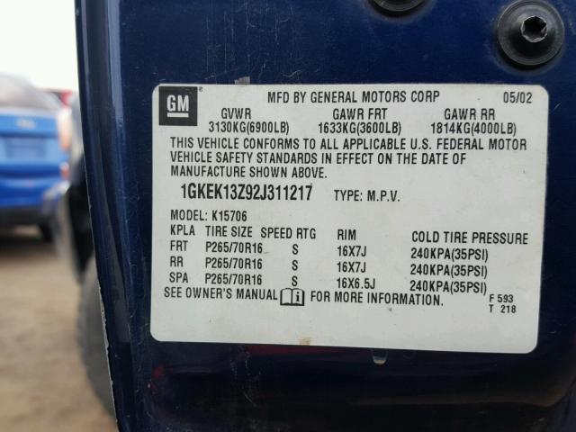 1GKEK13Z92J311217 - 2002 GMC YUKON BLUE photo 10