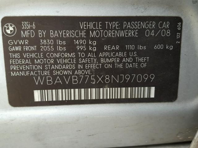 WBAVB775X8NJ97099 - 2008 BMW 335 I SILVER photo 10