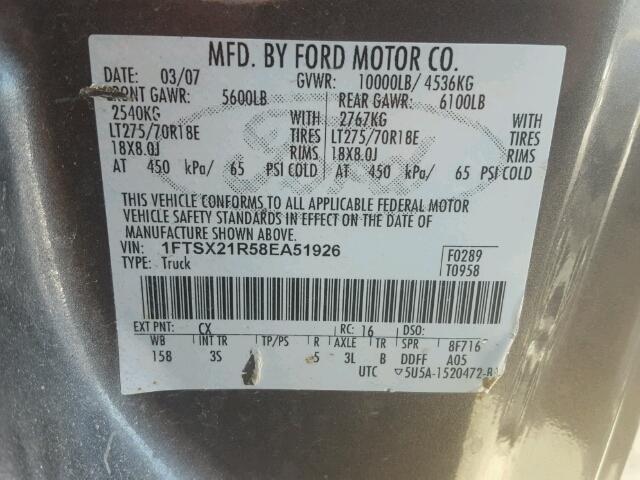 1FTSX21R58EA51926 - 2008 FORD F250 SUPER GRAY photo 10