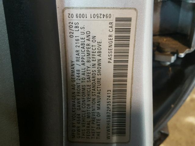 WVWRH63B72P357413 - 2002 VOLKSWAGEN PASSAT GLX SILVER photo 10