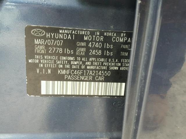 KMHFC46F17A214550 - 2007 HYUNDAI AZERA SE BLUE photo 10