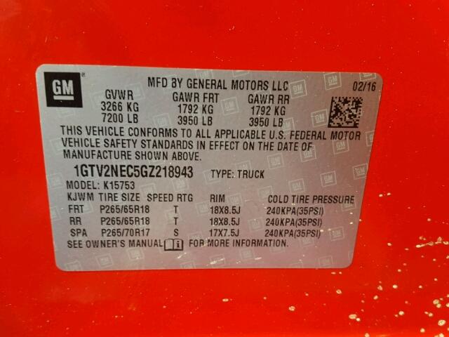 1GTV2NEC5GZ218943 - 2016 GMC SIERRA K15 RED photo 10