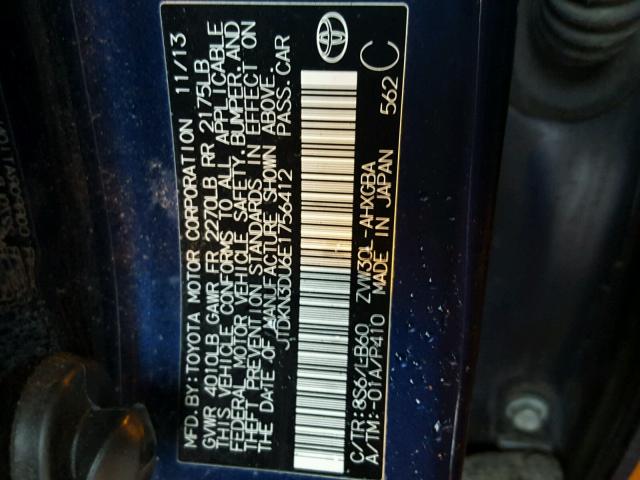 JTDKN3DU6E1756412 - 2014 TOYOTA PRIUS BLUE photo 10