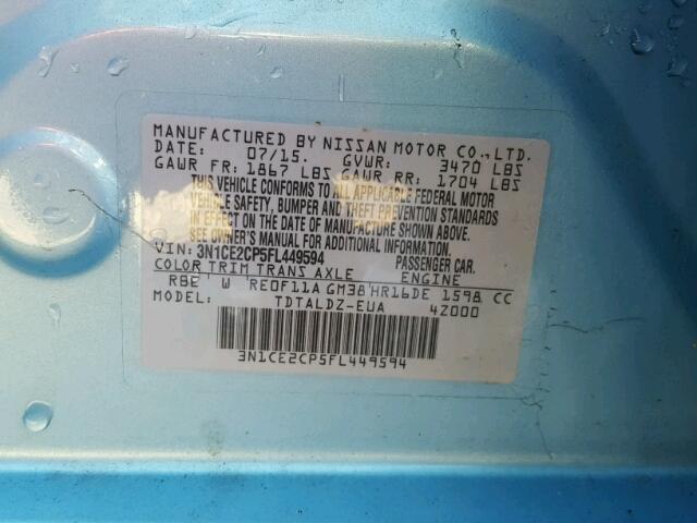 3N1CE2CP5FL449594 - 2015 NISSAN VERSA NOTE BLUE photo 10