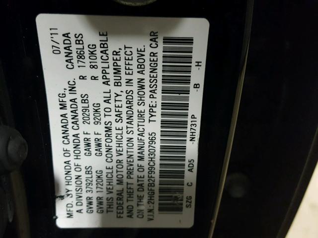 2HGFB2F99CH307965 - 2012 HONDA CIVIC EXL 黑色 照片 10