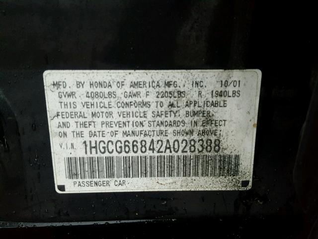 1HGCG66842A028388 - 2002 HONDA ACCORD EX BLACK photo 10