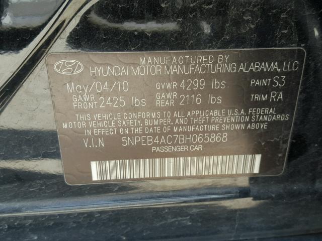 5NPEB4AC7BH065868 - 2011 HYUNDAI SONATA GLS BLACK photo 10