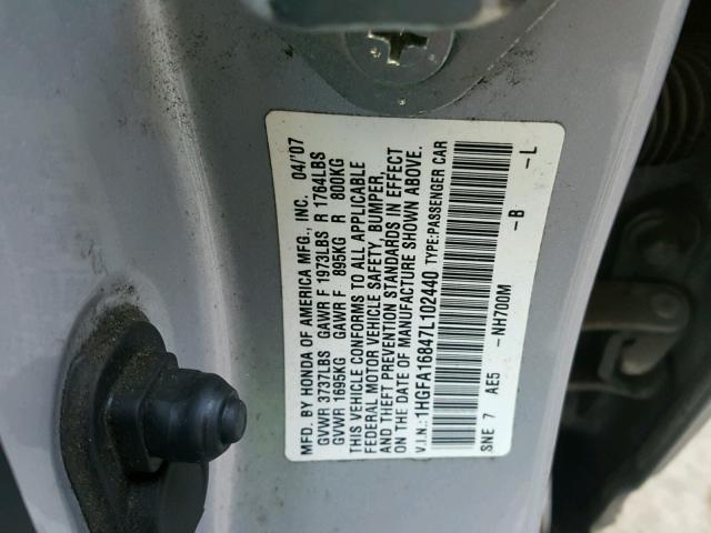 1HGFA16847L102440 - 2007 HONDA CIVIC EX SILVER photo 10