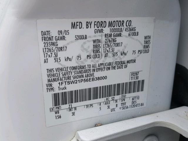 1FTSW21P56EB38000 - 2006 FORD F250 SUPER WHITE photo 10