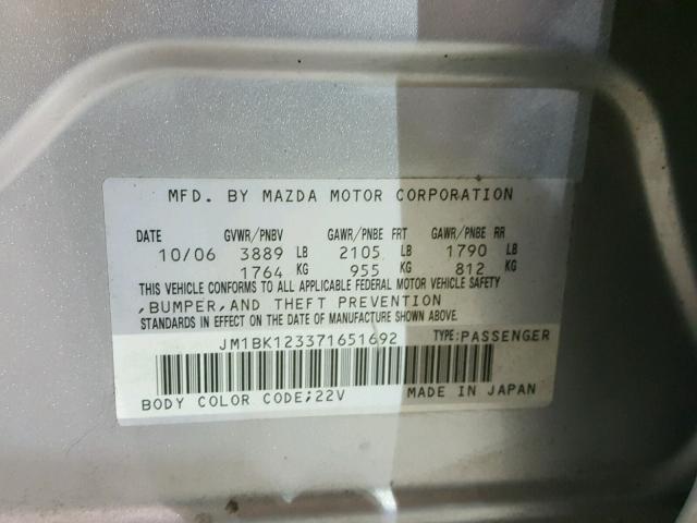 JM1BK123371651692 - 2007 MAZDA 3 S SILVER photo 10