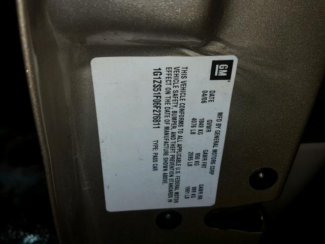 1G1ZS51F06F276811 - 2006 CHEVROLET MALIBU LS ოქროსფერი ფოტო 10