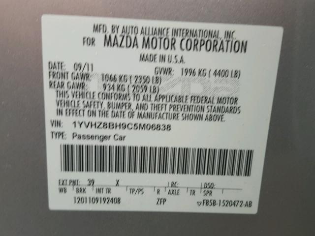 1YVHZ8BH9C5M06838 - 2012 MAZDA 6 I SILVER photo 10