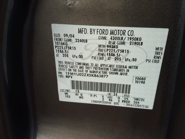 1FMYU02ZX5KB63877 - 2005 FORD ESCAPE XLS GRAY photo 10