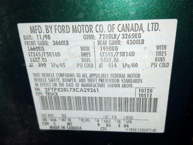 2FTPX28L7XCA29261 - 1999 FORD F250 GREEN photo 10