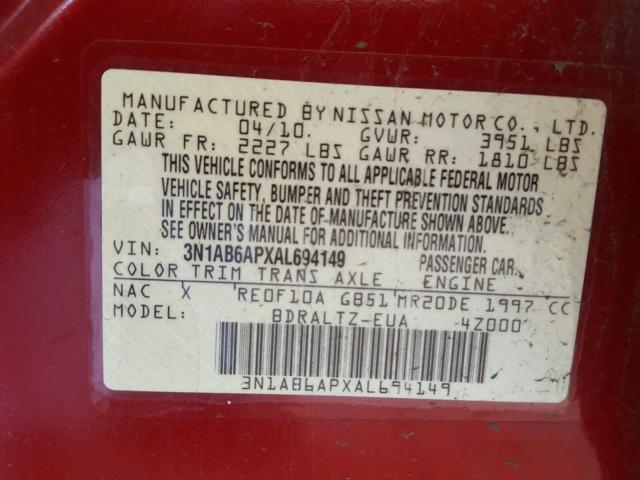 3N1AB6APXAL694149 - 2010 NISSAN SENTRA 2.0 RED photo 10