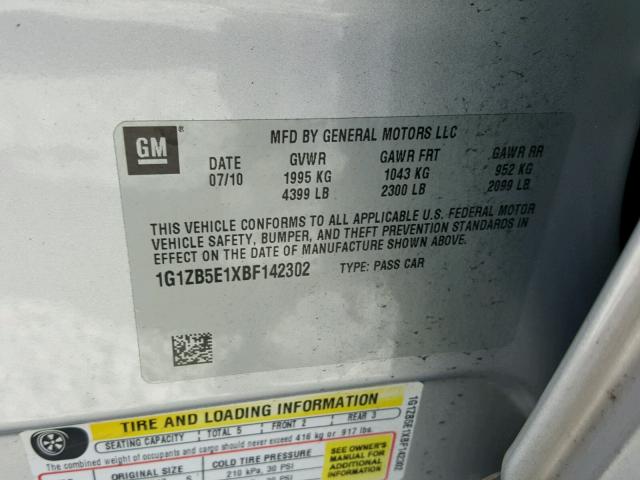 1G1ZB5E1XBF142302 - 2011 CHEVROLET MALIBU LS SILVER photo 10