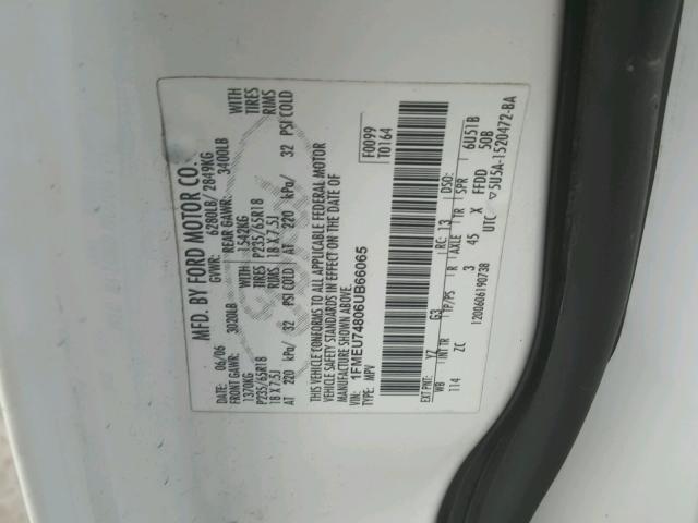 1FMEU74806UB66065 - 2006 FORD EXPLORER E TAN photo 10