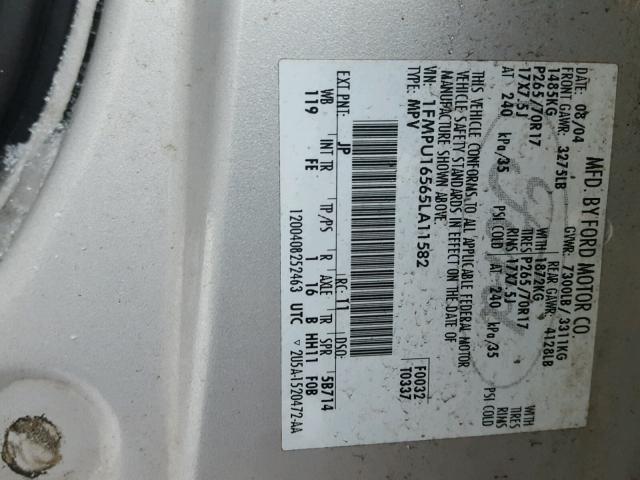 1FMPU16565LA11582 - 2005 FORD EXPEDITION SILVER photo 10