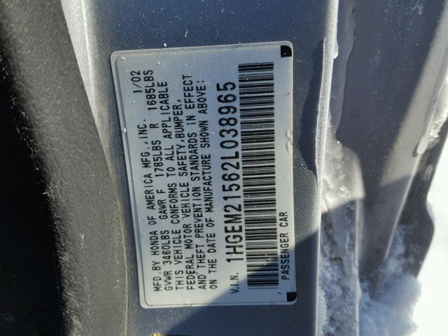 1HGEM21562L038965 - 2002 HONDA CIVIC LX SILVER photo 10