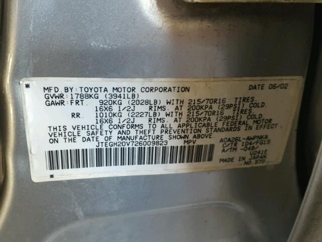 JTEGH20V726009823 - 2002 TOYOTA RAV4 SILVER photo 10