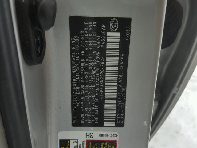 4T4BE46K29R047936 - 2009 TOYOTA CAMRY BASE SILVER photo 10