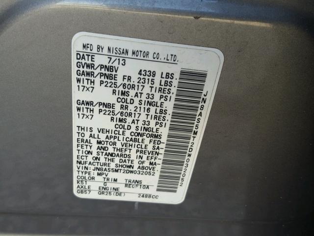 JN8AS5MT2DW032052 - 2013 NISSAN ROGUE S GRAY photo 10