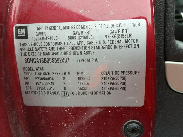 3GNCA13B39S592407 - 2009 CHEVROLET HHR LS MAROON photo 10