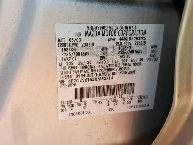 4F2CZ96163KM52714 - 2003 MAZDA TRIBUTE ES 银色 照片 10