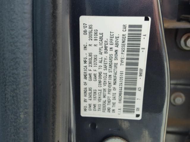 1HGCM66447A105161 - 2007 HONDA ACCORD SE GRAY photo 10