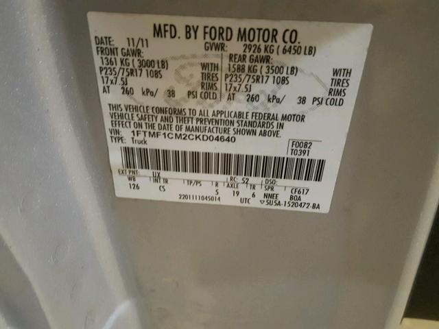 1FTMF1CM2CKD04640 - 2012 FORD F150 SILVER photo 10