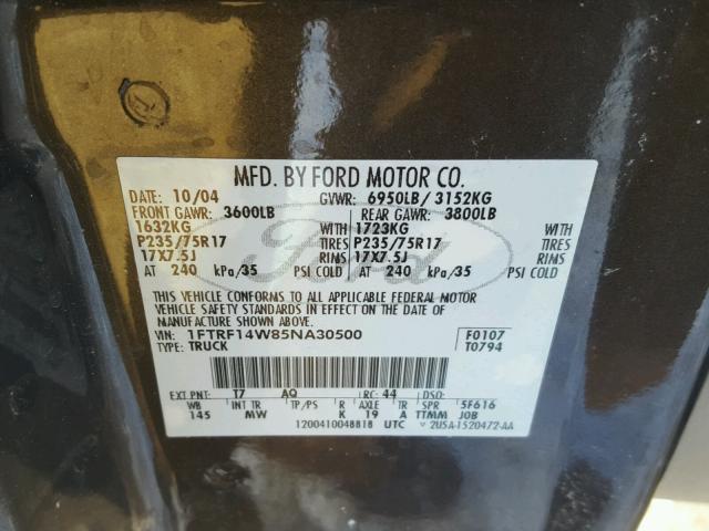 1FTRF14W85NA30500 - 2005 FORD F150 TWO TONE photo 10