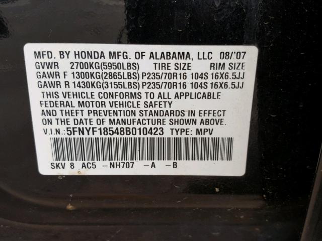 5FNYF18548B010423 - 2008 HONDA PILOT EXL BLACK photo 10