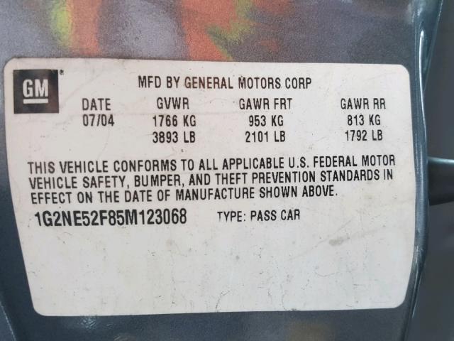 1G2NE52F85M123068 - 2005 PONTIAC GRAND AM S GRAY photo 10