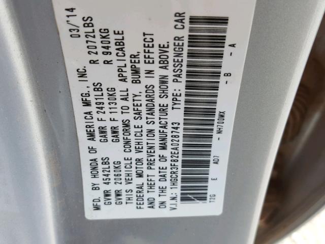 1HGCR3F82EA028743 - 2014 HONDA ACCORD EXL SILVER photo 10