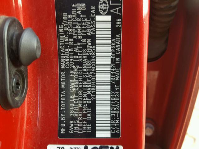 2T1BU40E79C004856 - 2009 TOYOTA COROLLA BA RED photo 10