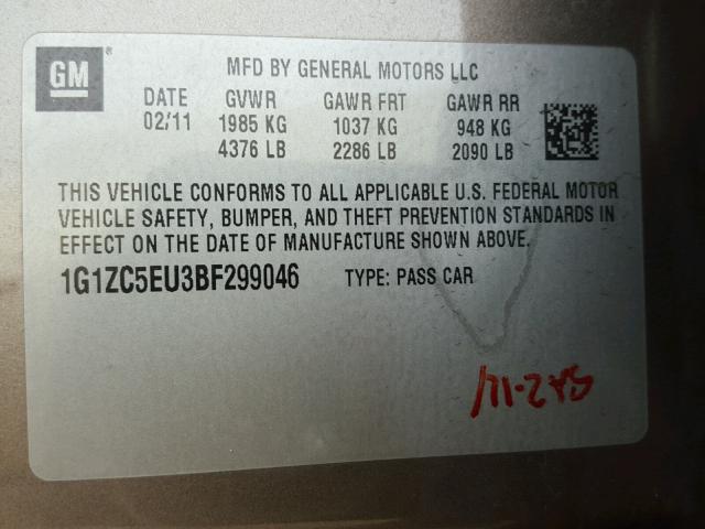 1G1ZC5EU3BF299046 - 2011 CHEVROLET MALIBU 1LT 棕色 照片 10