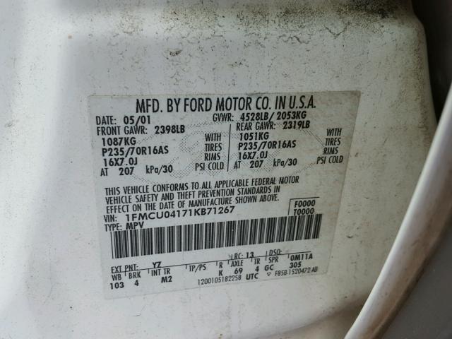 1FMCU04171KB71267 - 2001 FORD ESCAPE XLT WHITE photo 10