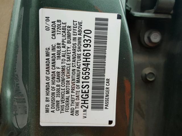 2HGES16594H619370 - 2004 HONDA CIVIC LX GREEN photo 10