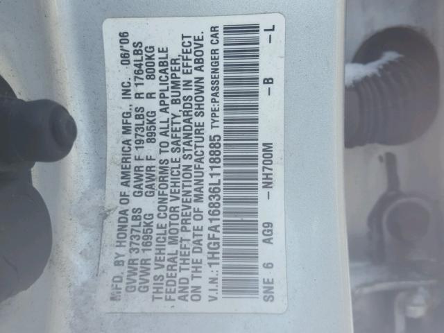 1HGFA16836L118885 - 2006 HONDA CIVIC EX ვერცხლისფერი ფოტო 10