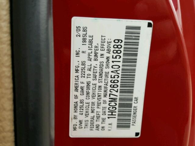 1HGCM72665A015889 - 2005 HONDA ACCORD EX RED photo 10