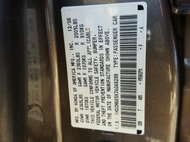 1HGCM665X7A046299 - 2007 HONDA ACCORD EX BROWN photo 10