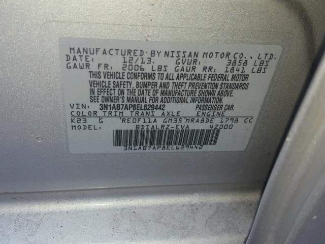 3N1AB7AP8EL629442 - 2014 NISSAN SENTRA S SILVER photo 10